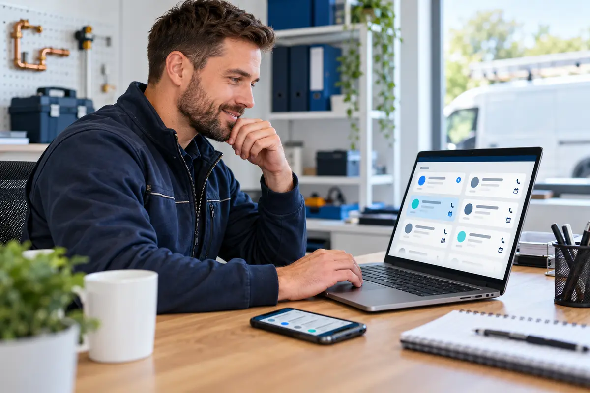 A plumbing business owner reviewing organised customer enquiries on a laptop