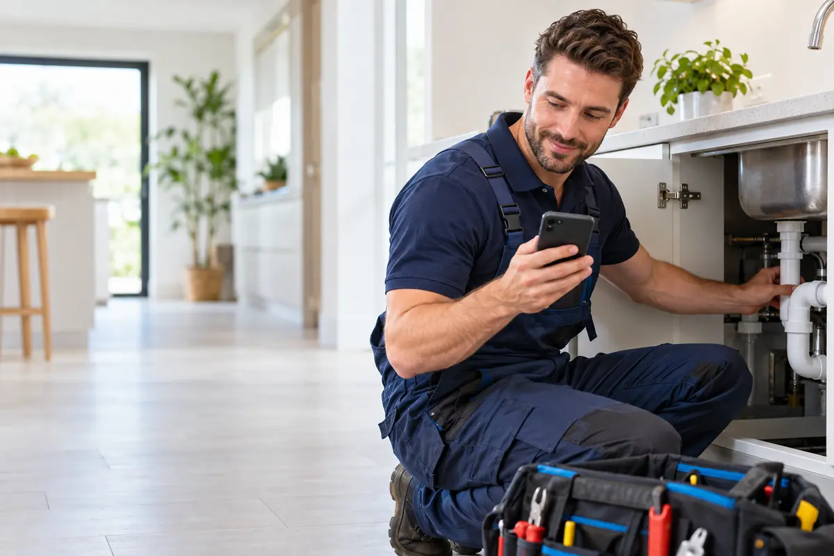 A plumber receiving a new qualified customer enquiry while working